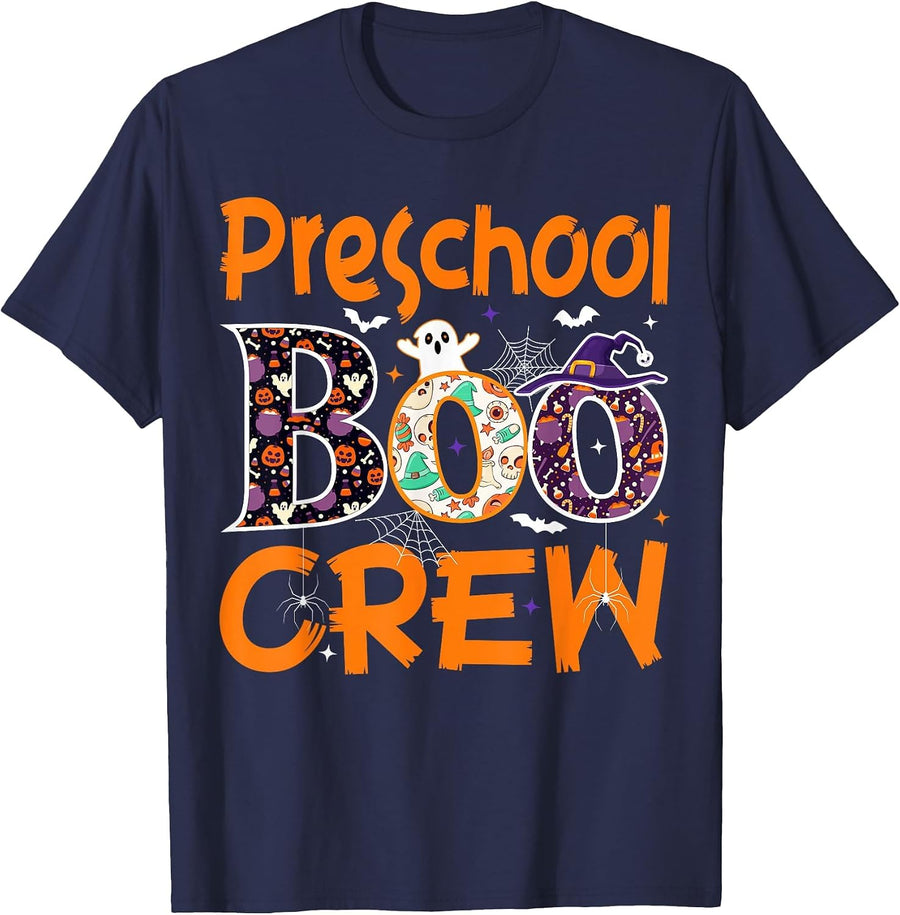 Preschool Boo Crew Funny Preschool Halloween Teacher T-Shirt - Navy Blue