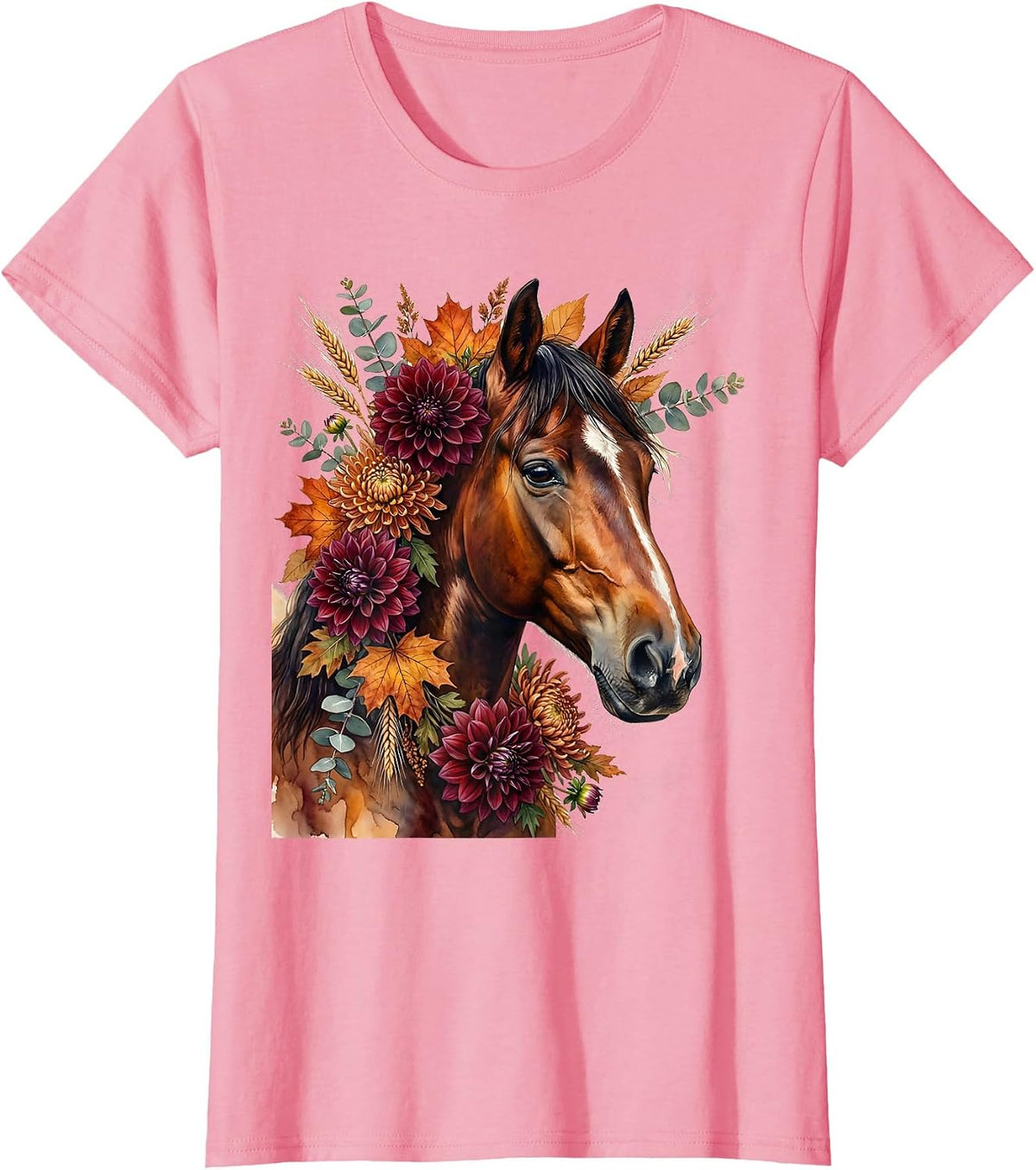 Women's Horse Portrait Fall Floral Derby Botanical Art T-Shirt - Pink