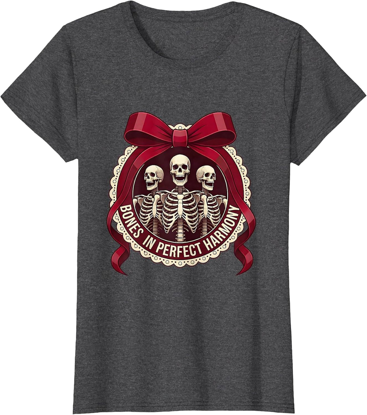 Women's Bones In Perfect Harmony Halloween Skeleton Choir T-Shirt - Dark Heather Grey