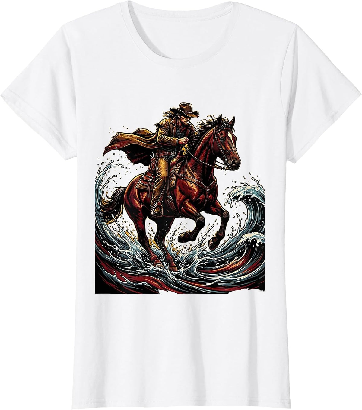 Cowboy Riding Hard Through River Splash T-Shirt - White