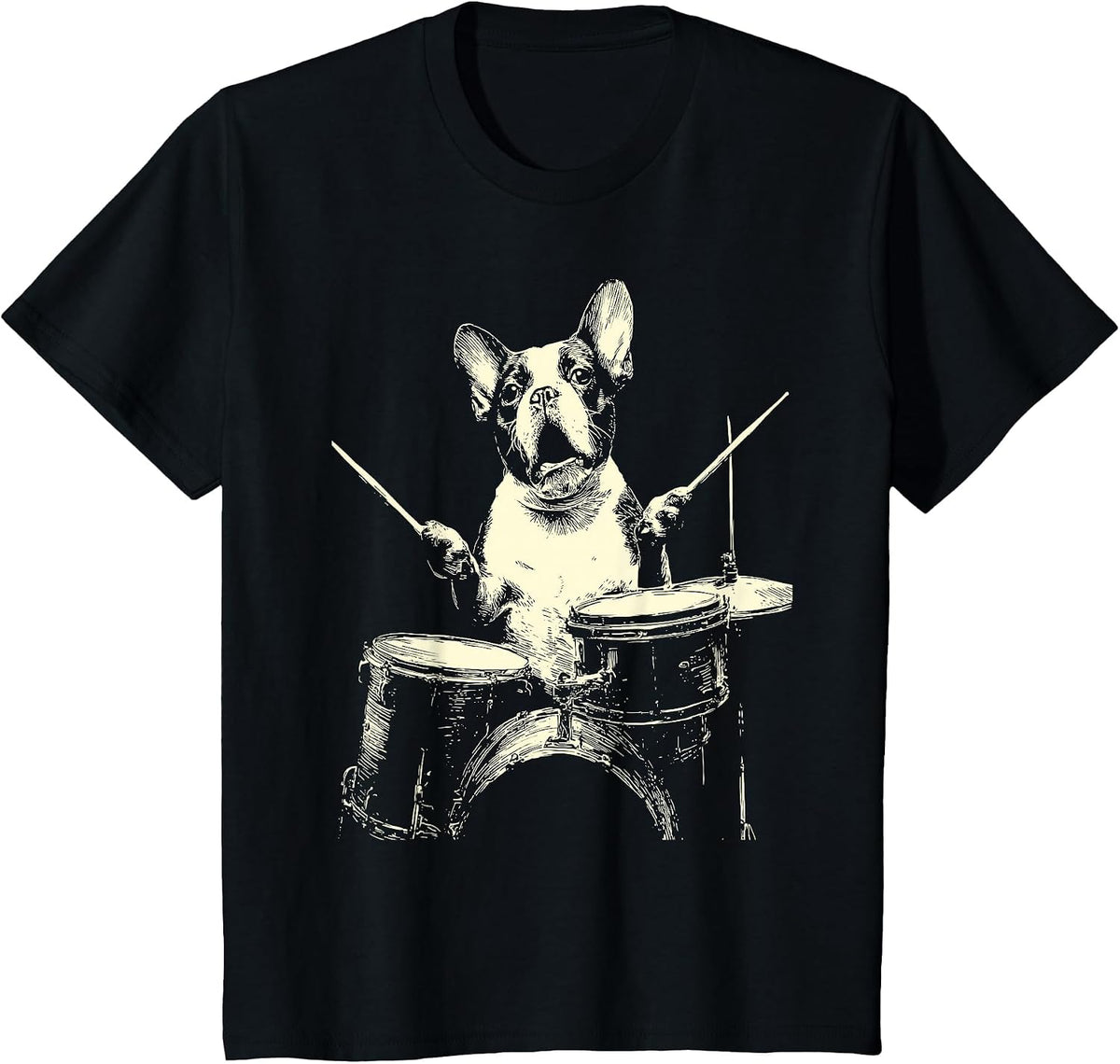 Cute Boston Terrier Playing Drums Funny Music Dog Drummer T-Shirt - Black