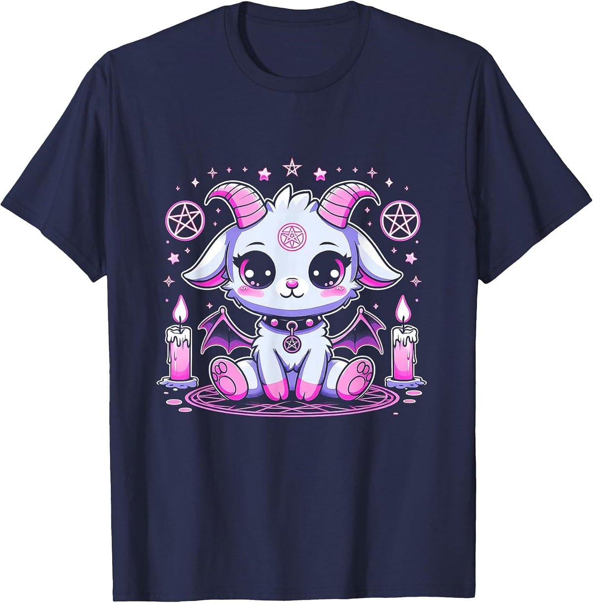 Kawaii Pastel Goth Cute Creepy Pentacle Baphomet Halloween T-Shirt - Navy Blue