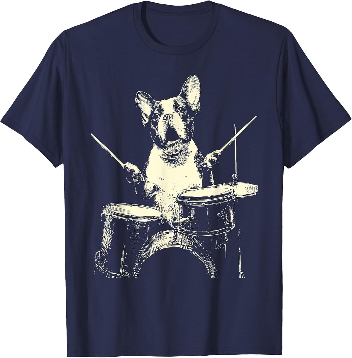 Cute Boston Terrier Playing Drums Funny Music Dog Drummer T-Shirt - Navy Blue