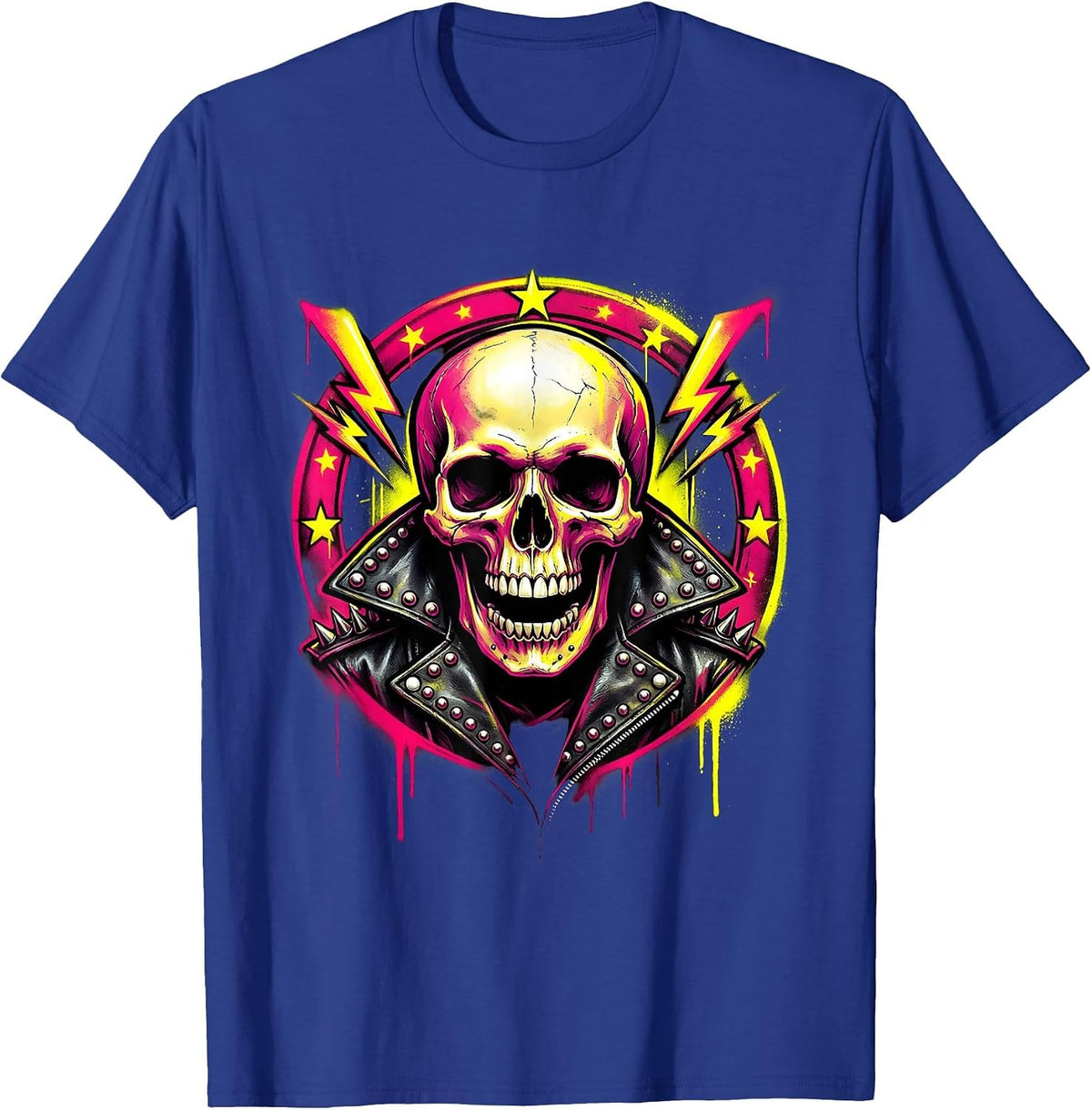 80s Rock Skull Studded Leather Jacket Graphic T-Shirt - Royal Blue