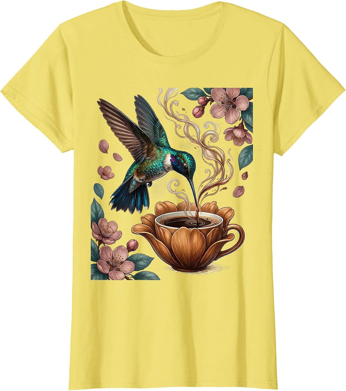 Women's Hummingbird Espresso Cup Flower Coffee Lover Design T-Shirt - Lemon Yellow