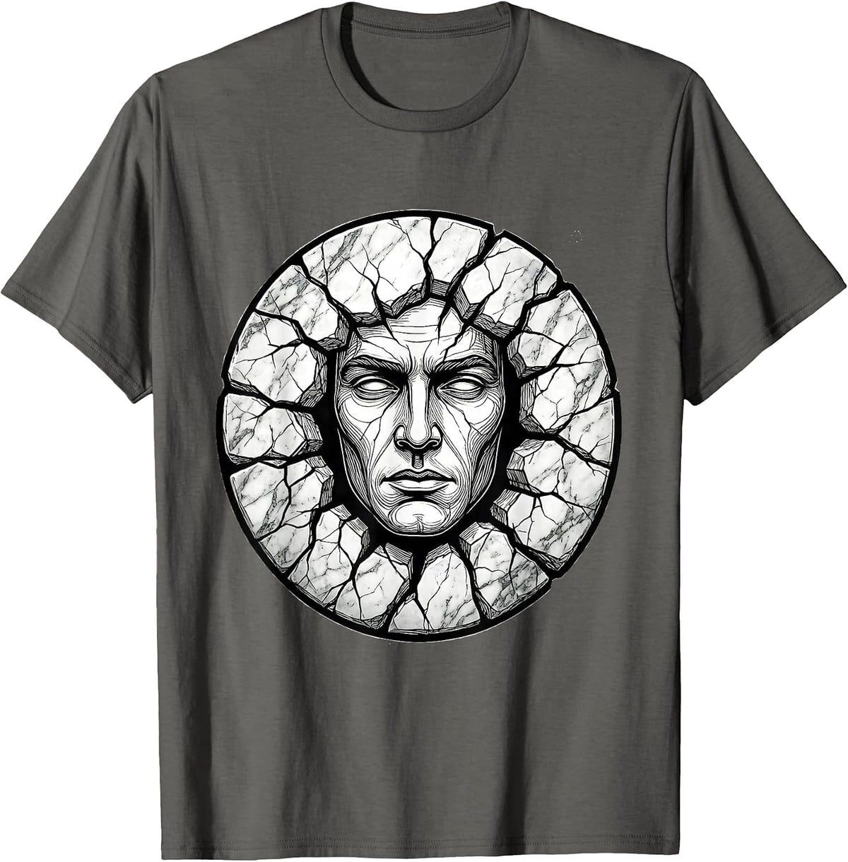 Men's Human Face Emerging From Cracked Marble Slab T-Shirt - Asphalt Grey