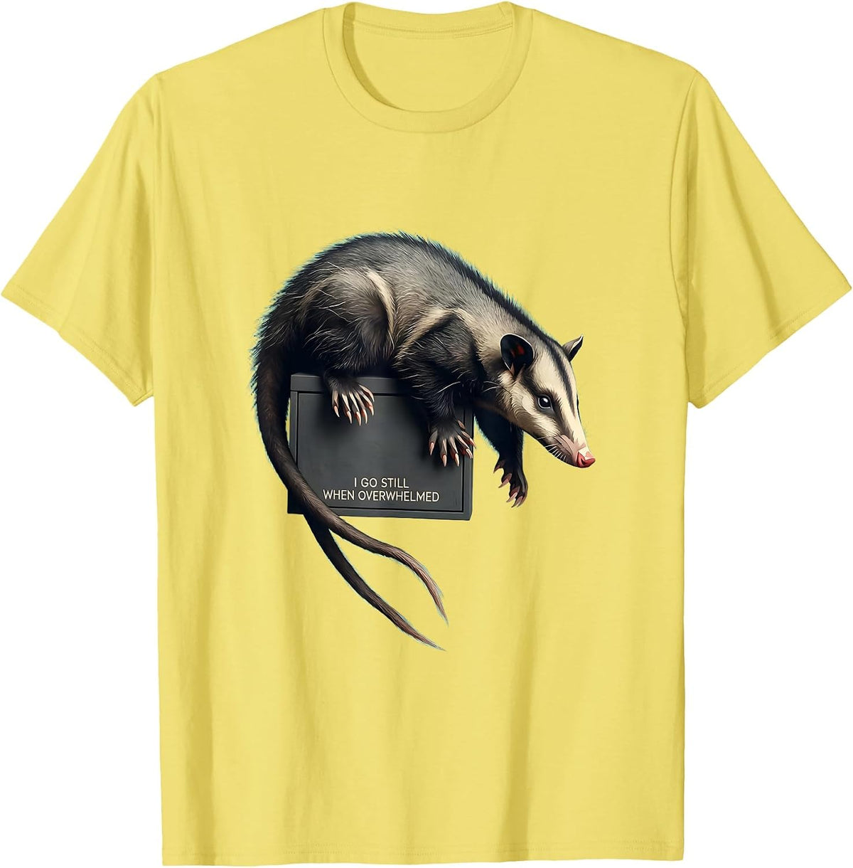 Men's I Go Still When Overwhelmed Funny Opossum Deadpan Meme Humor T-Shirt - Lemon Yellow