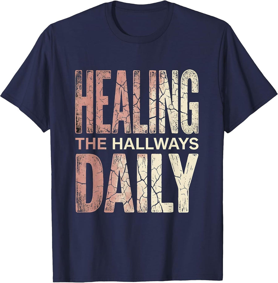 Healing the Hallways Daily School Nurse Design T-Shirt - Navy Blue