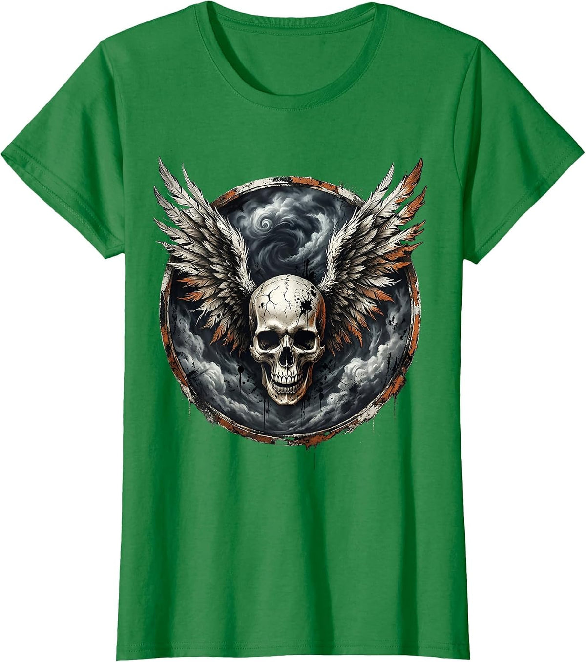 Winged Skull Storm Cloud Rock Graphic Tee T-Shirt - Kelly Green