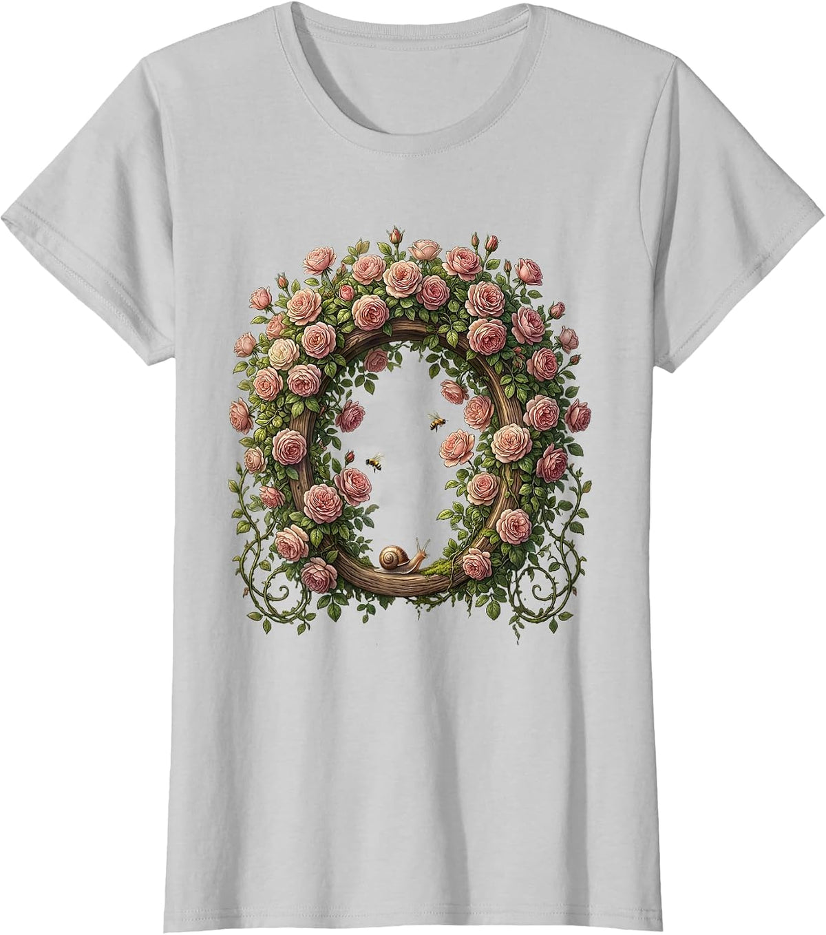 Women's Climbing Pink Roses Garden Arch Floral Design T-Shirt - Silver Grey