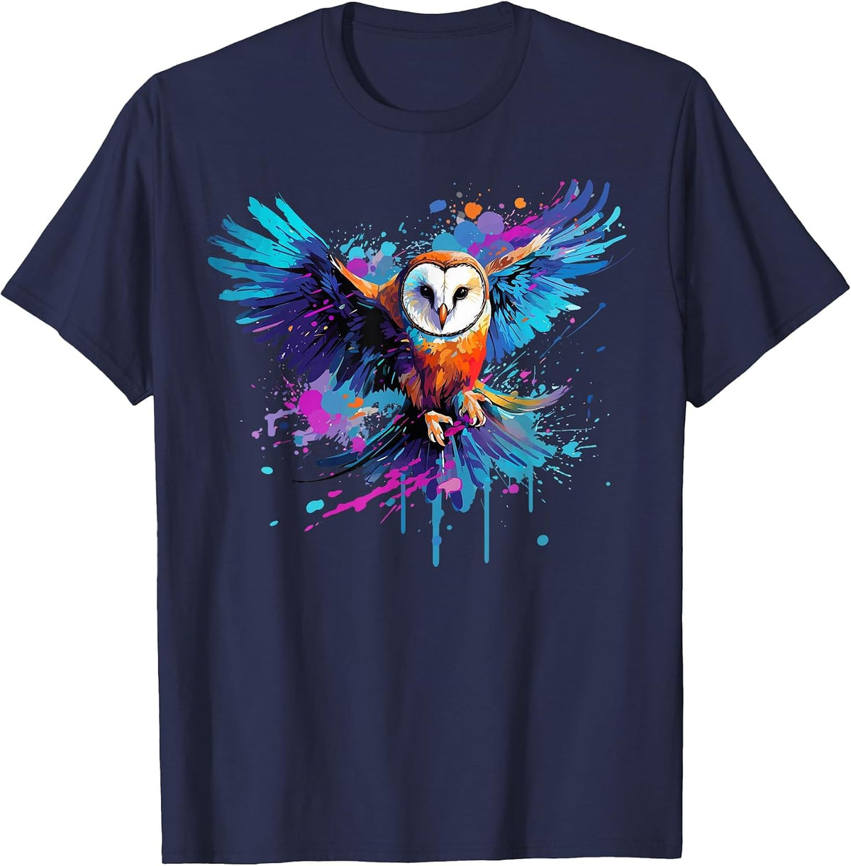 Colorful Barn Owl Owls Lover Splash Art T-Shirt - Navy Blue