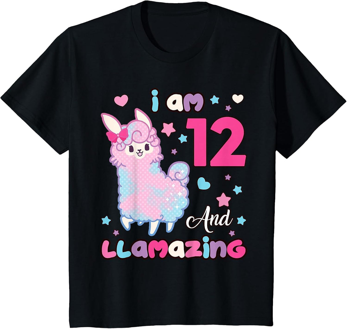 Llama 12 Years Old 12th Birthday Girl I Am Twelve Llamazing T-Shirt - Black