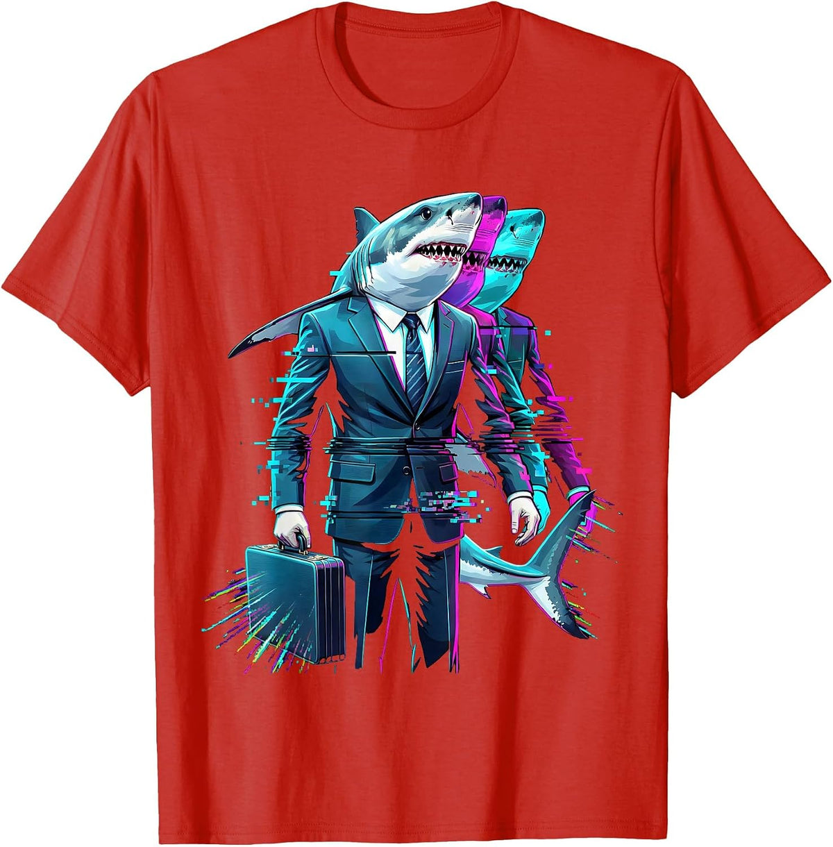 Men's Shark in Business Suit Briefcase Funny Office Art T-Shirt - Red