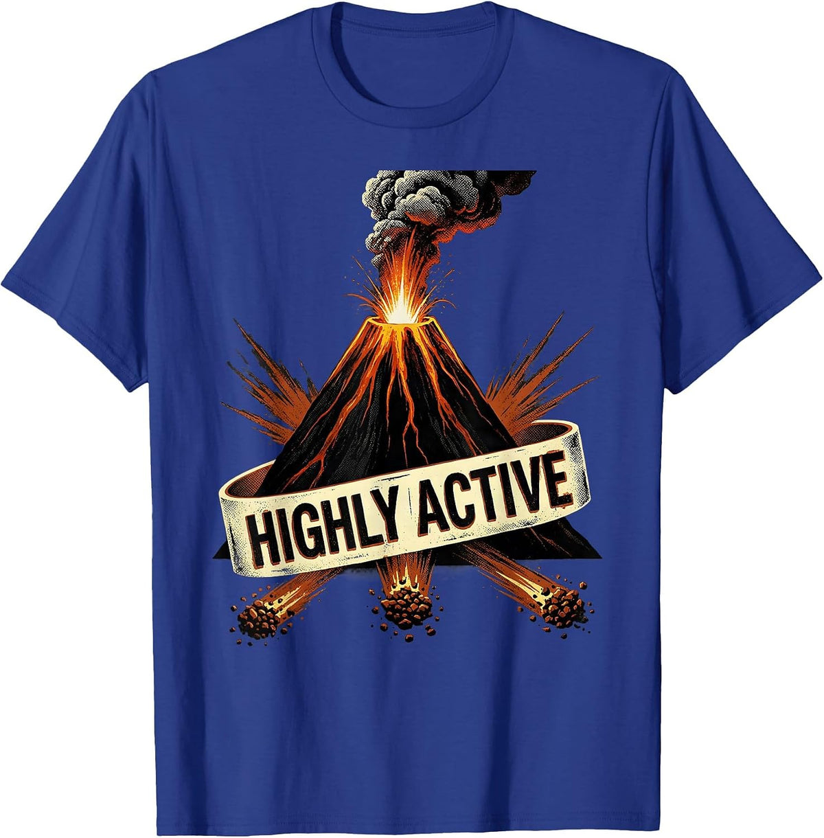 Highly Active Bold Stencil Volcano Halloween Costume T-Shirt - Royal Blue