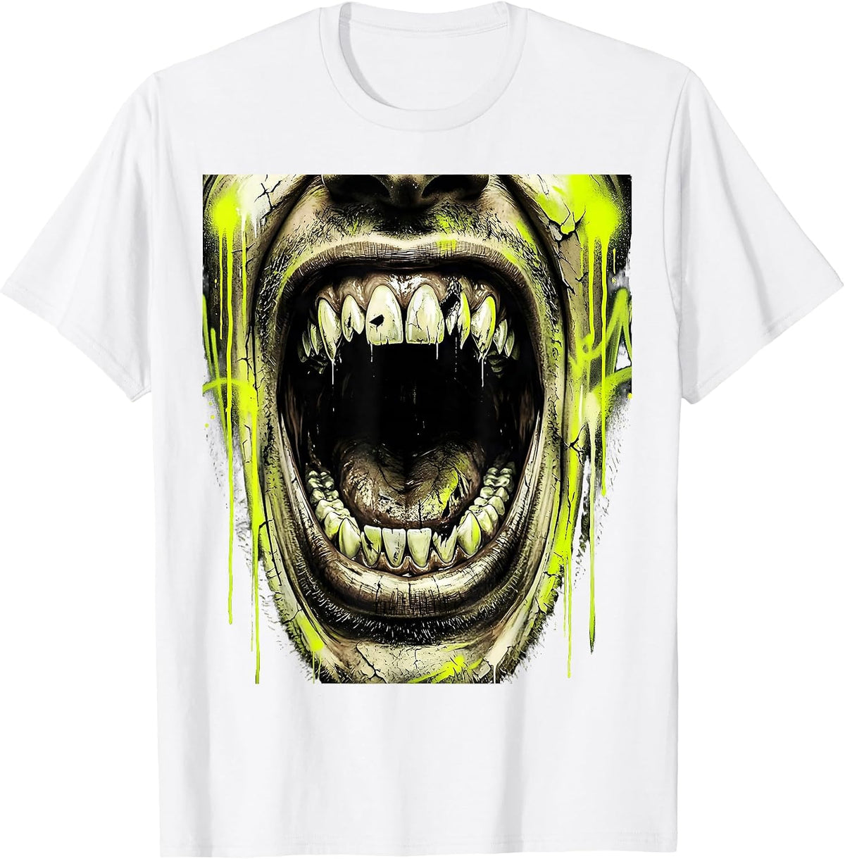 Men's Grunge Screaming Mouth Rotted Teeth Illustration T-Shirt - White