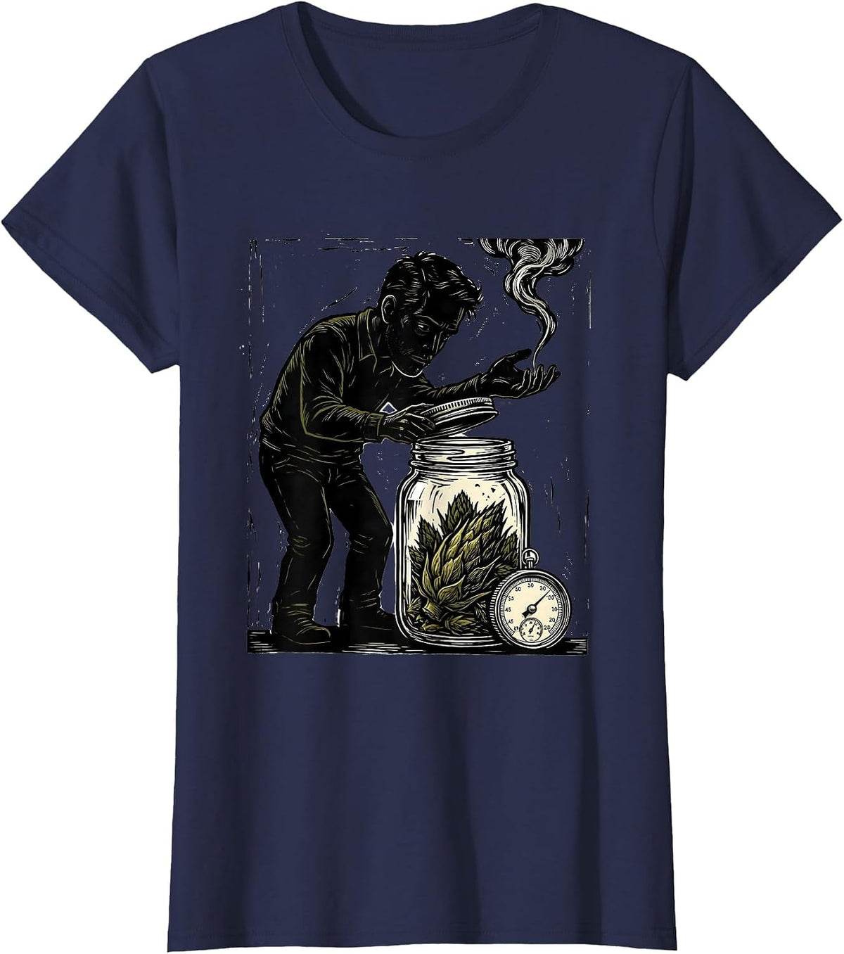 Women's Curing Jar Bud Linocut Stoner Cannabis Humor Novelty T-Shirt - Navy Blue