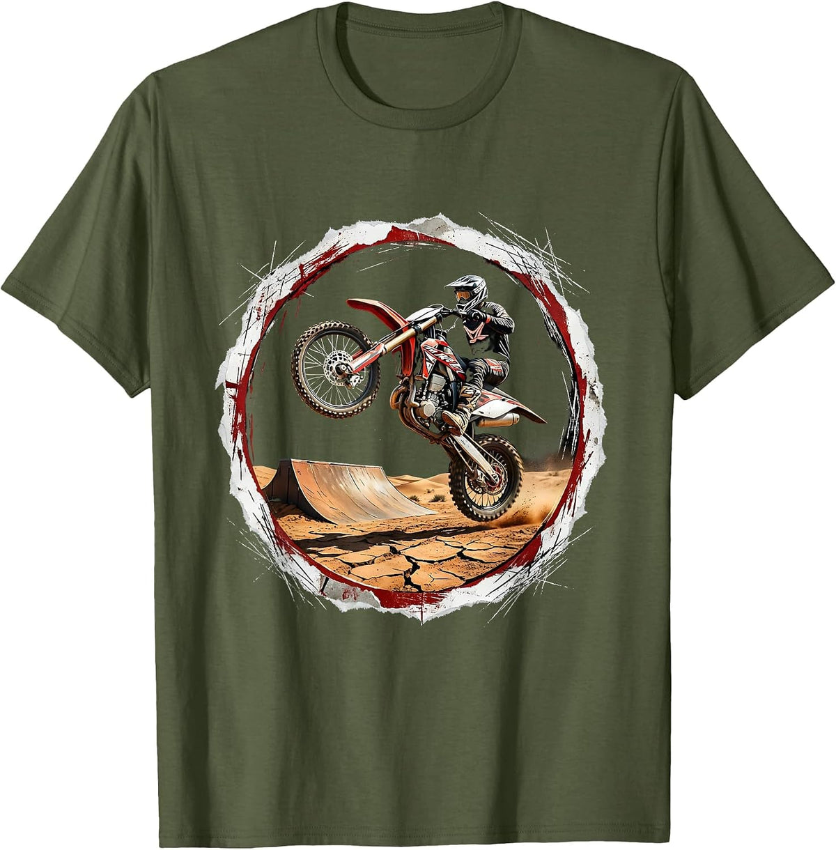 Dirt Bike Desert Ramp Launch Graphic Tee T-Shirt - Olive Green