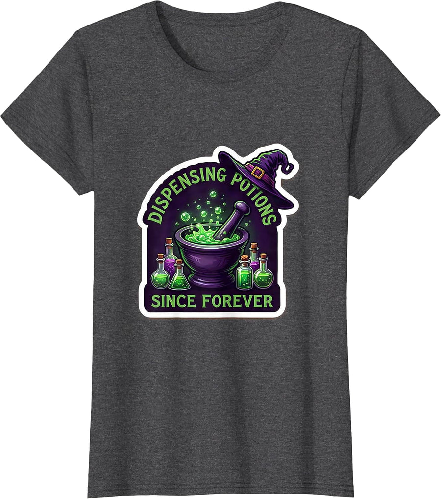 Women's Dispensing Potions Since Forever Pharmacist Halloween T-Shirt - Dark Heather Grey