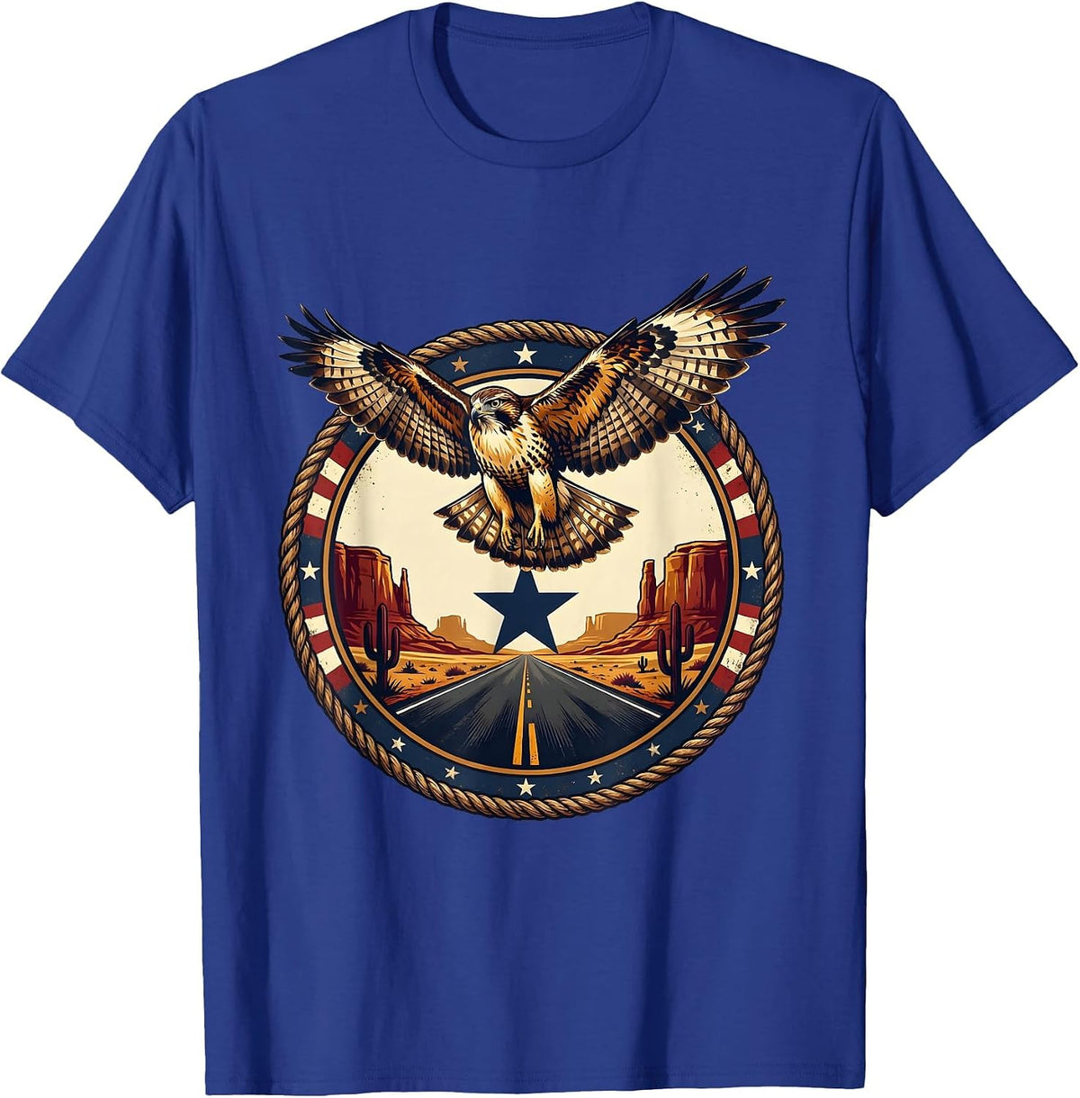 Route 66 Hawk Soaring Over Desert Highway T-Shirt - Royal Blue