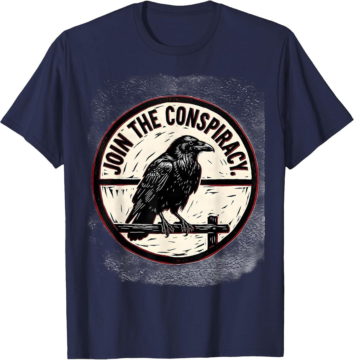 Men's Join The Conspiracy Linocut Crow Humor Literary Pun T-Shirt - Navy Blue