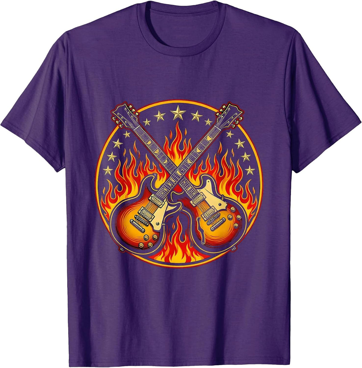 Double-Neck Guitar Flames Stars 80s Rock Design T-Shirt - Purple