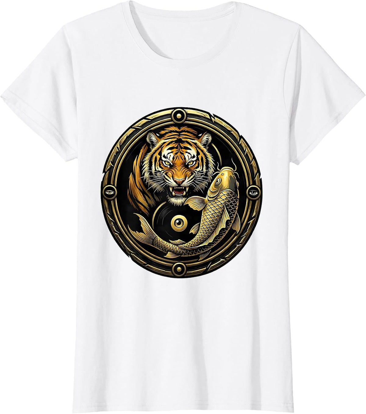 Tiger and Koi Fish Yin-Yang Balance Design T-Shirt - White