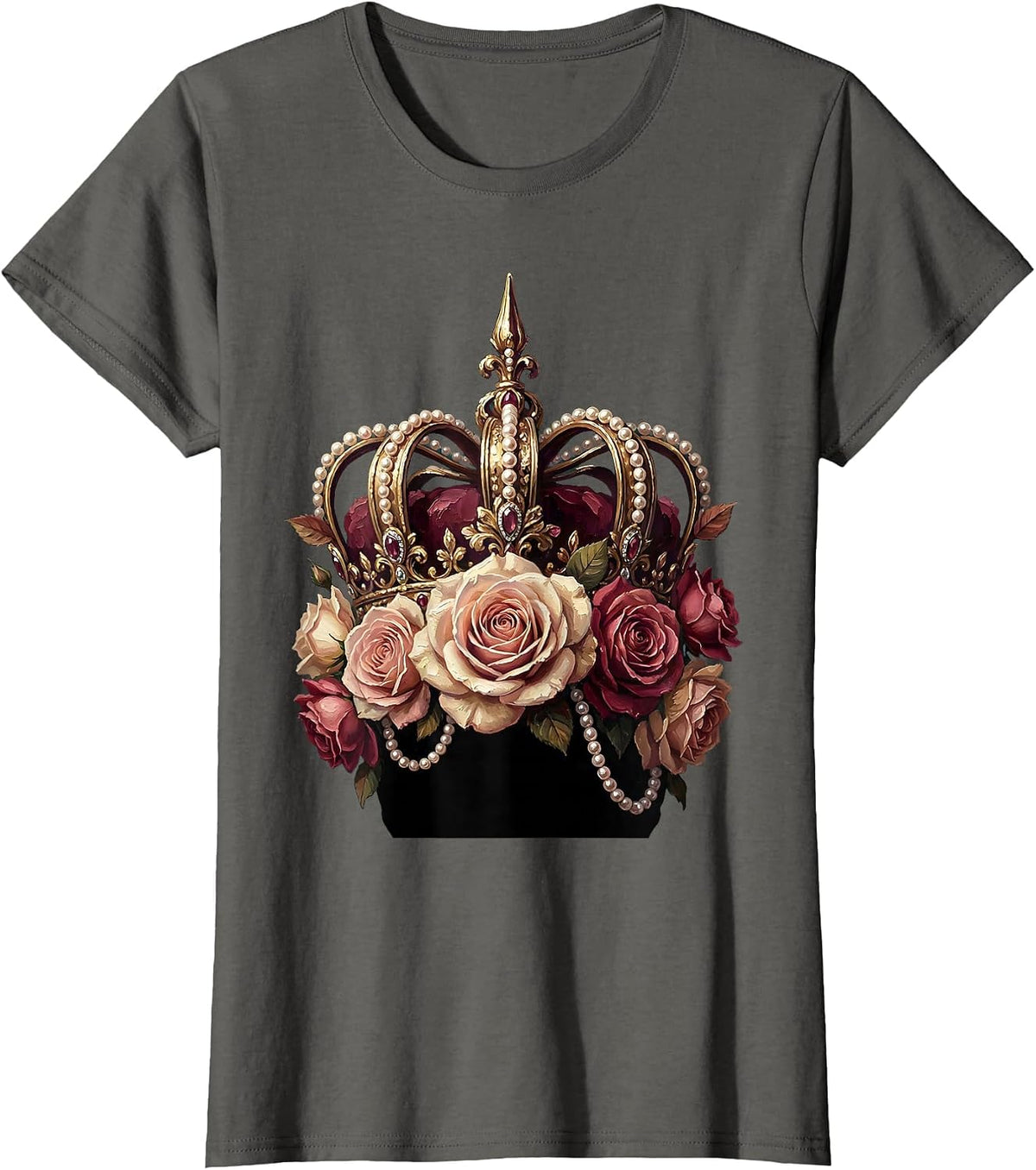 Women's Showgirl Crown Pearls and Roses Illustration T-Shirt - Asphalt Grey