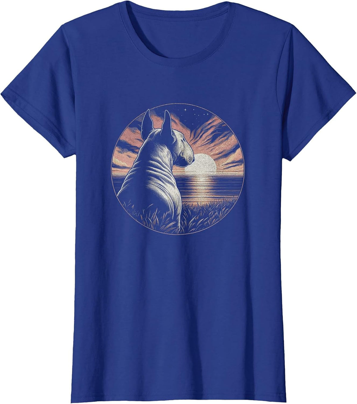 Vintage Bull Terrier Dog Retro Sunset Scene Art Design T-Shirt - Royal Blue