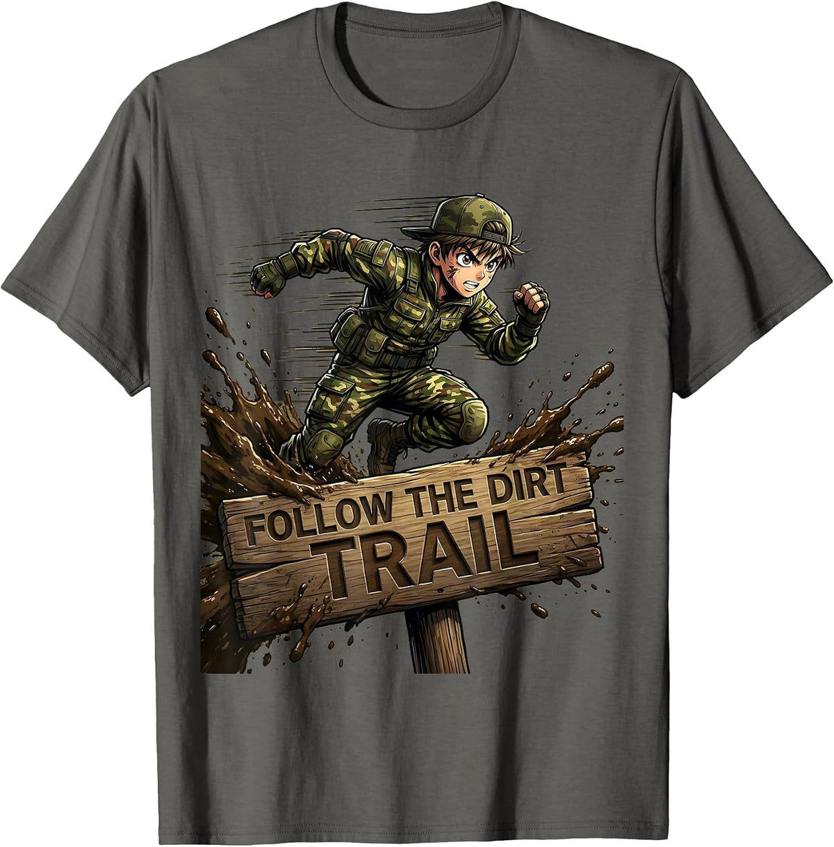 Boys Camo Follow the Dirt Trail Design T-Shirt - Asphalt Grey