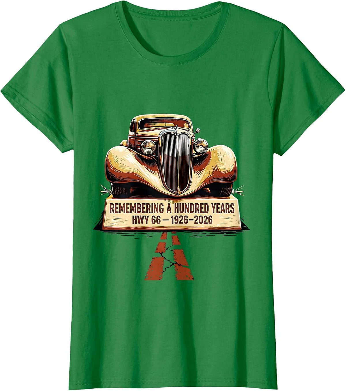 Women's Remembering A Hundred Years Hwy 66 Vintage T-Shirt - Kelly Green