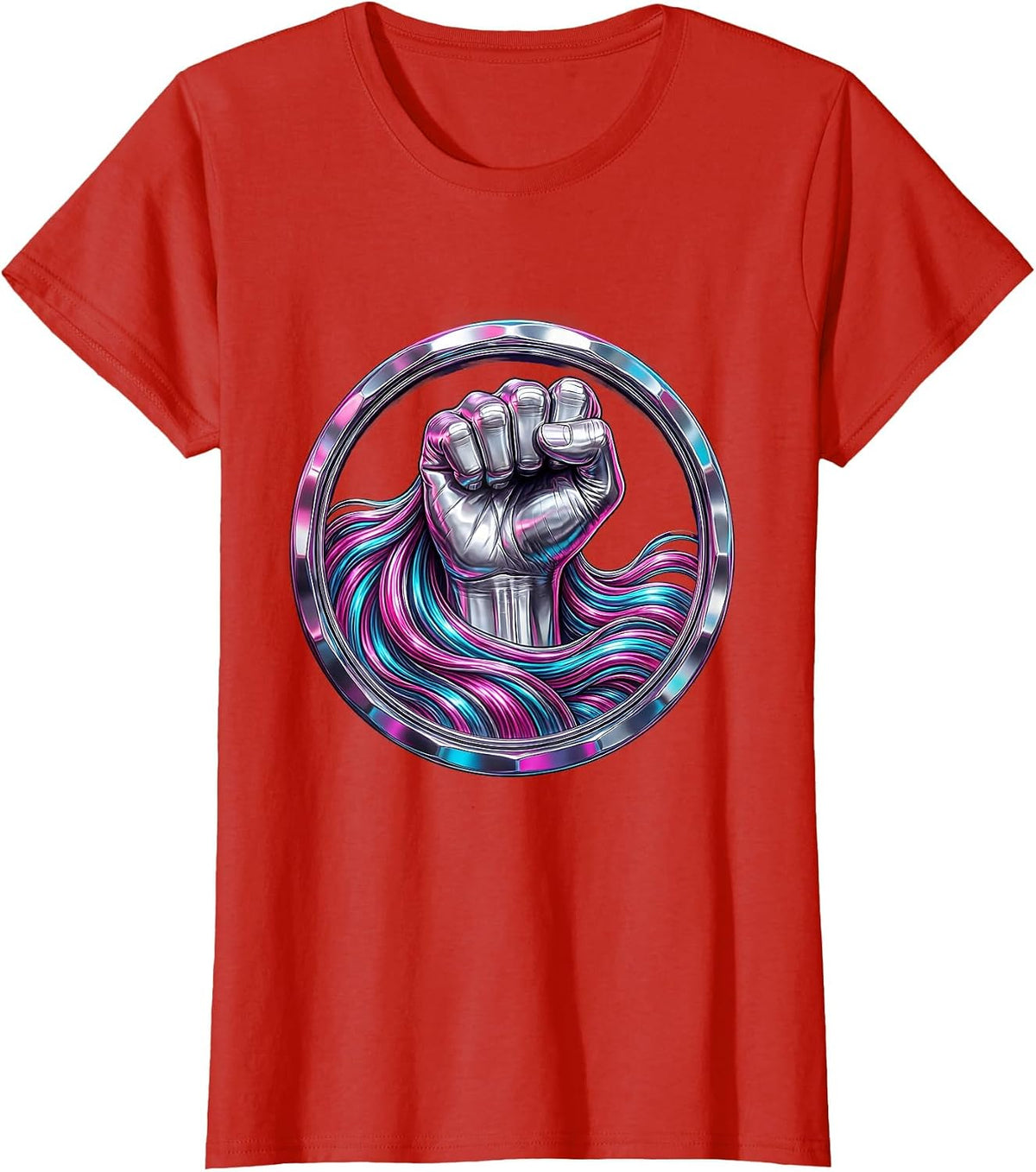 80s Rock Hand Long Hair Graphic Tee T-Shirt - Red