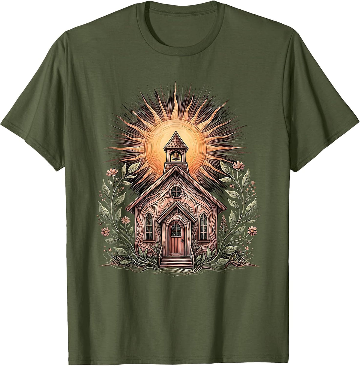 PreK Teacher Sunrise Schoolhouse Illustration T-Shirt - Olive Green