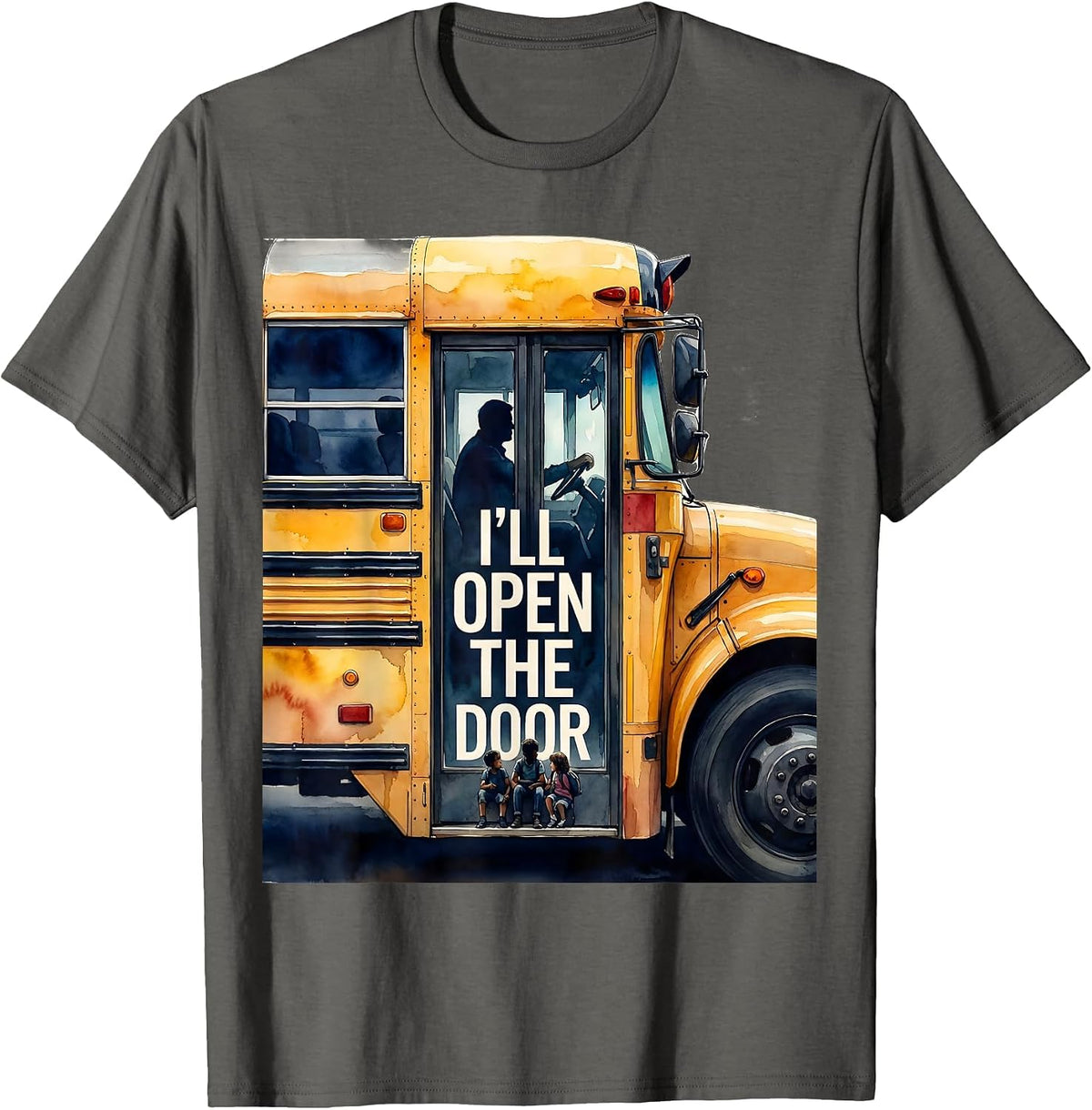 Men's I'll Open The Door Watercolor School Bus Driver Novelty Gift T-Shirt - Asphalt Grey