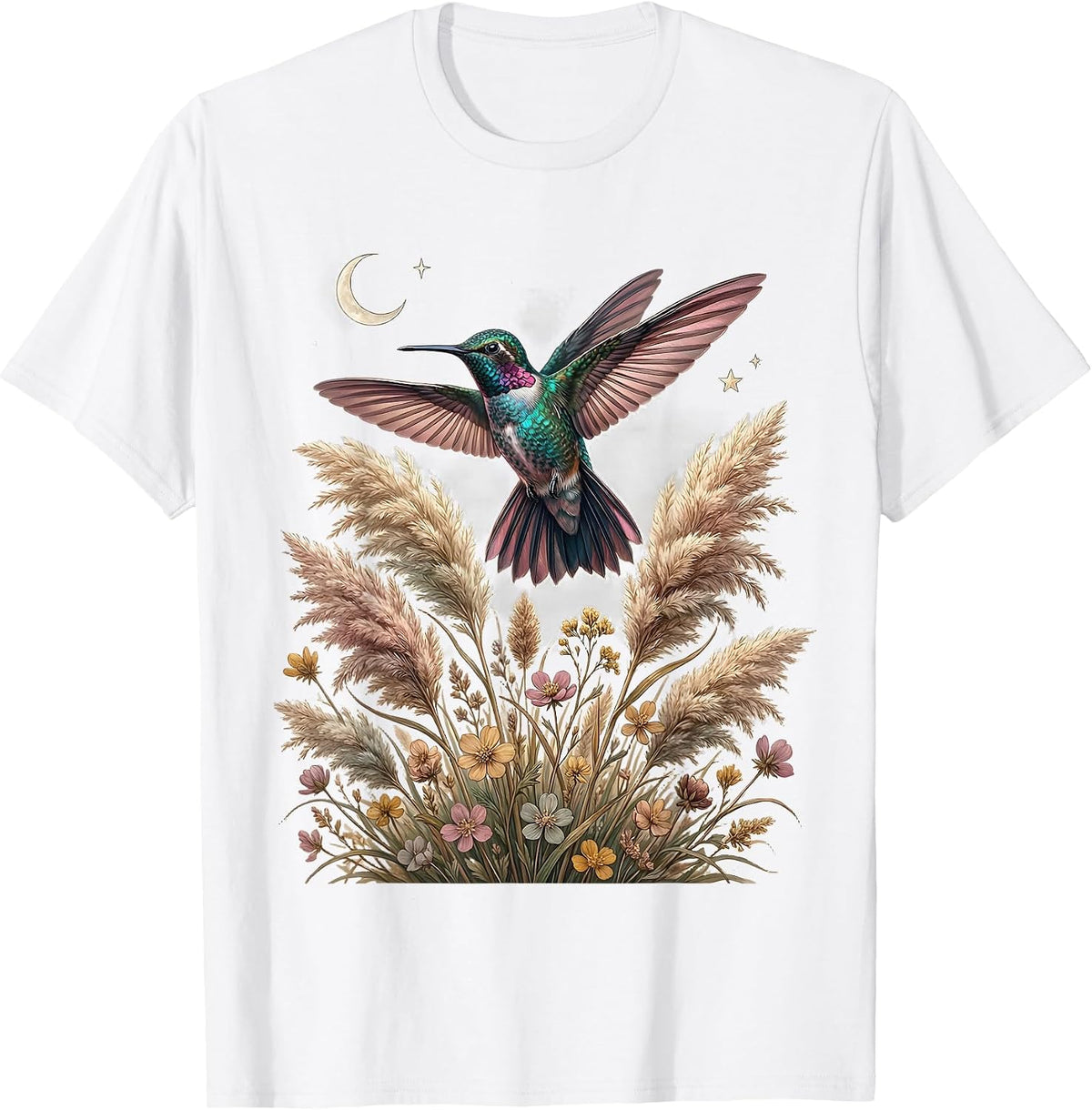 Boho Hummingbird Pampas Grass Summer Design T-Shirt - White
