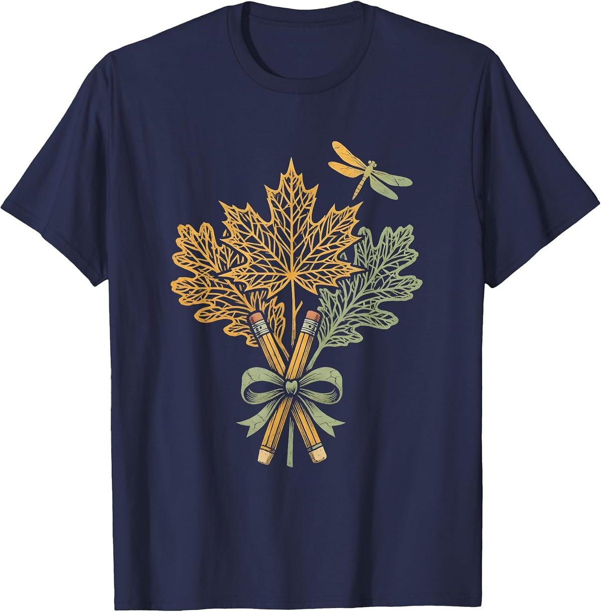 Fall Leaf Skeleton Pencil Art Teacher Design T-Shirt - Navy Blue