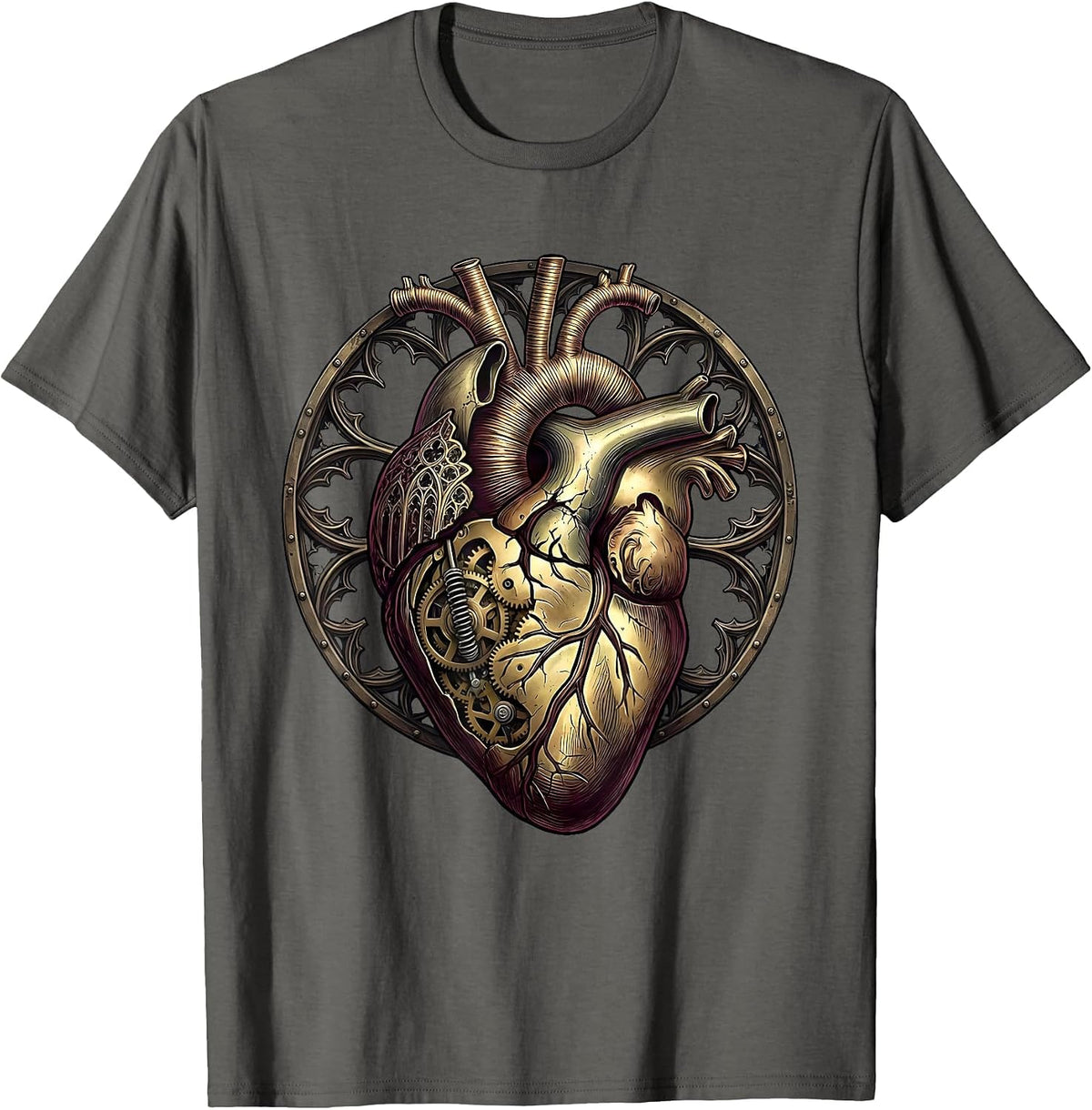 Steampunk Brass Clockwork Heart Exposed Gears T-Shirt - Asphalt Grey
