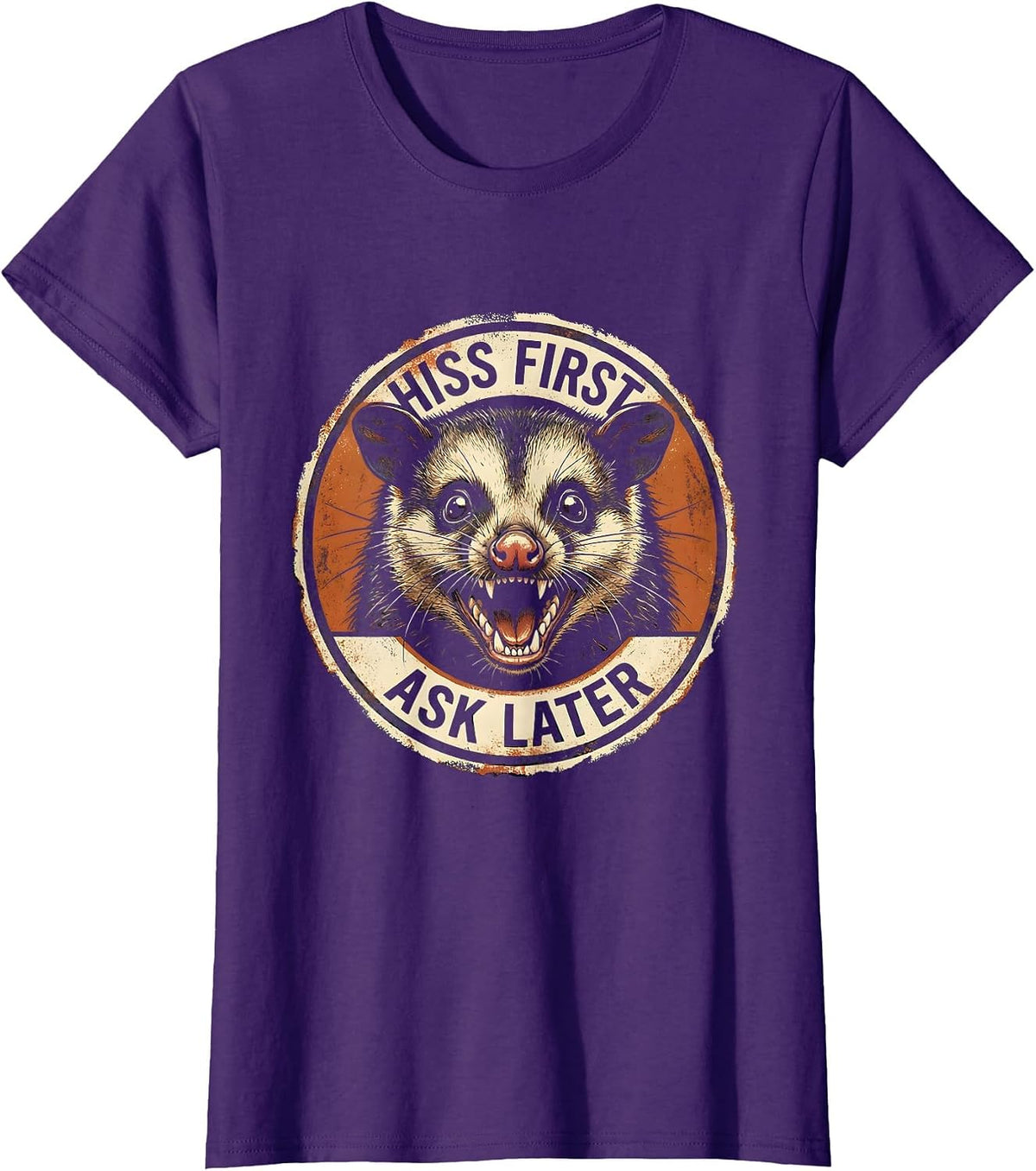 Women's Hiss First Ask Later Funny Opossum Design T-Shirt - Purple