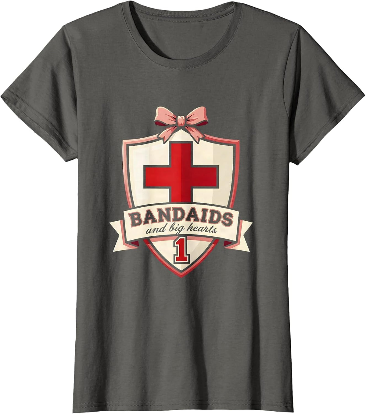 Women's Bandaids and Big Hearts School Nurse Design T-Shirt - Asphalt Grey