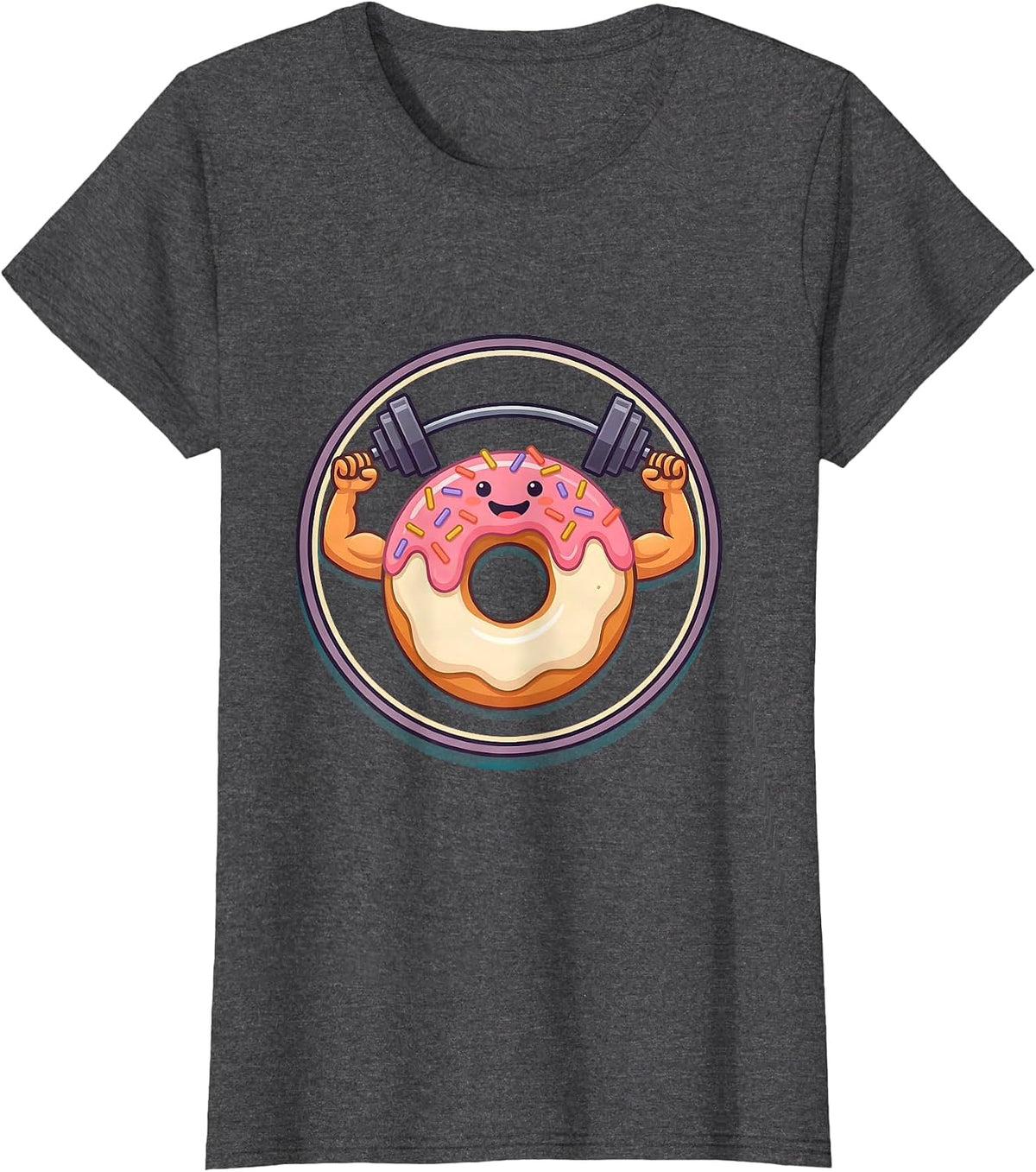 Women's Funny Donut Lifting Weights Gym Humor Graphic T-Shirt - Dark Heather Grey