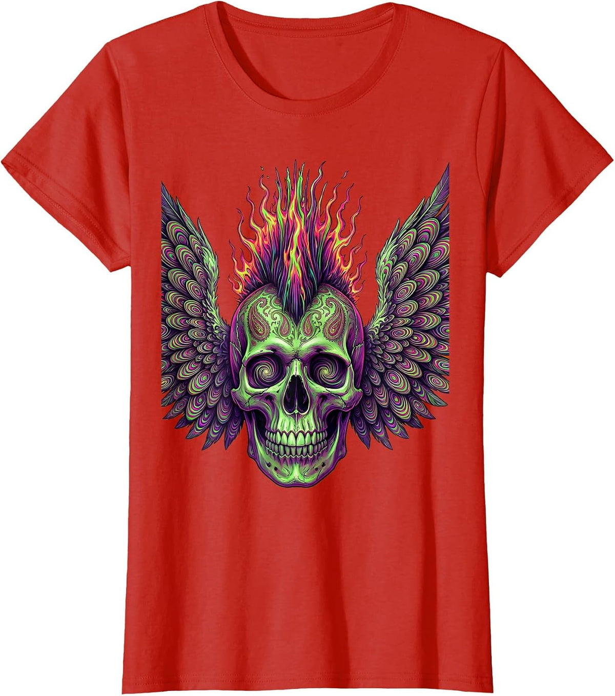 Winged Skull Mohawk Rock and Roll Graphic T-Shirt - Red