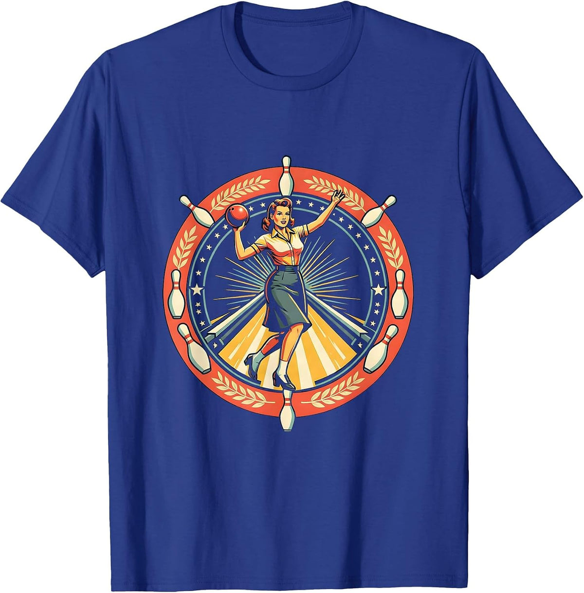Vintage Pin-Up Bowler Retro Bowling Lane Art T-Shirt - Royal Blue