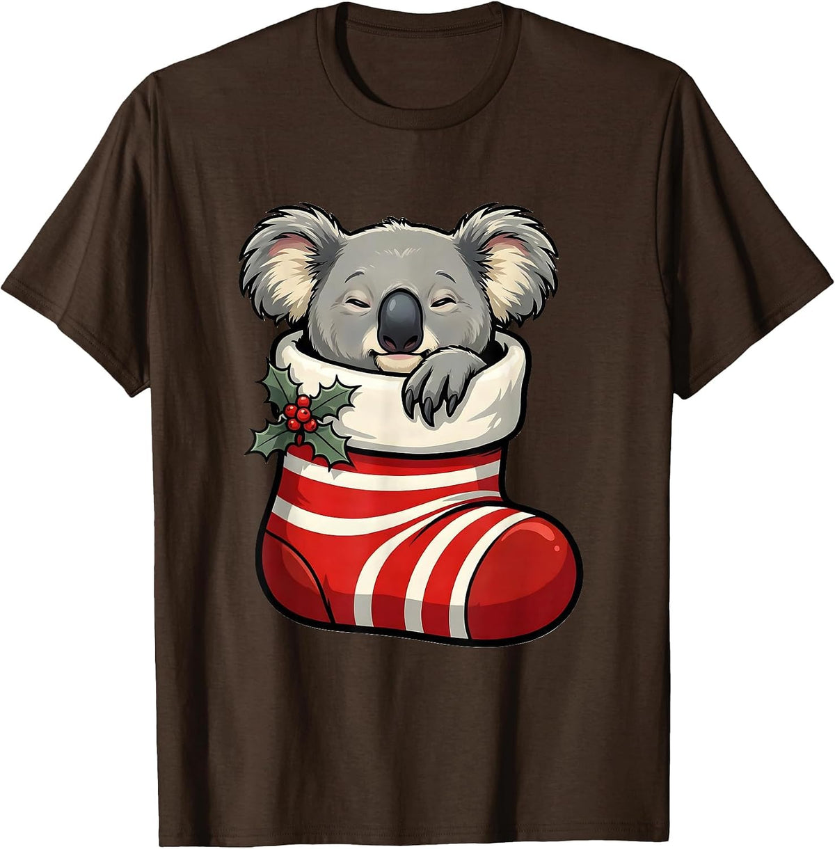 Koala In Christmas Stocking Cartoon Funny Novelty T-Shirt - Brown