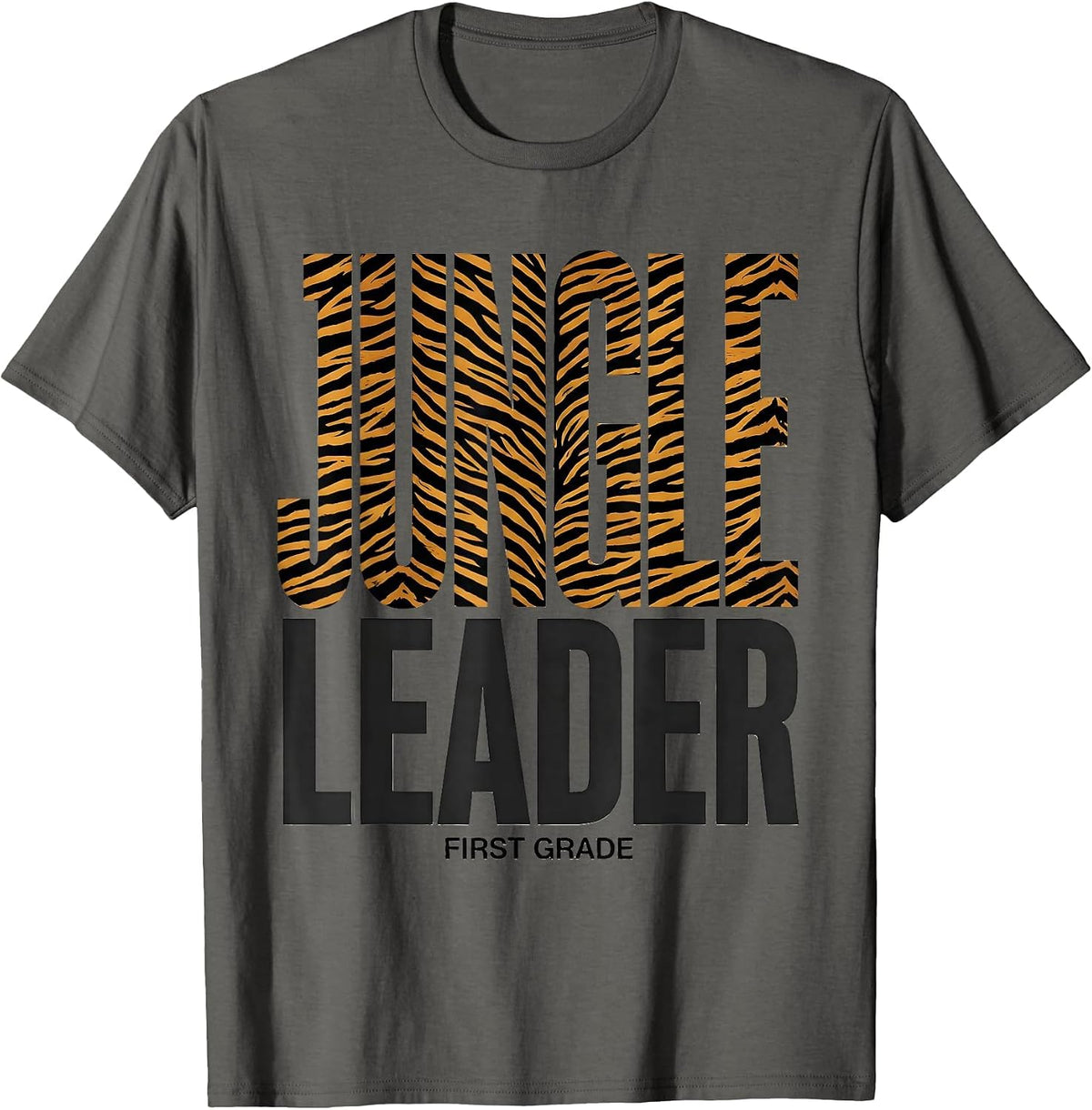 First Grade Jungle Leader Wild About Teaching Animal Print T-Shirt - Asphalt Grey