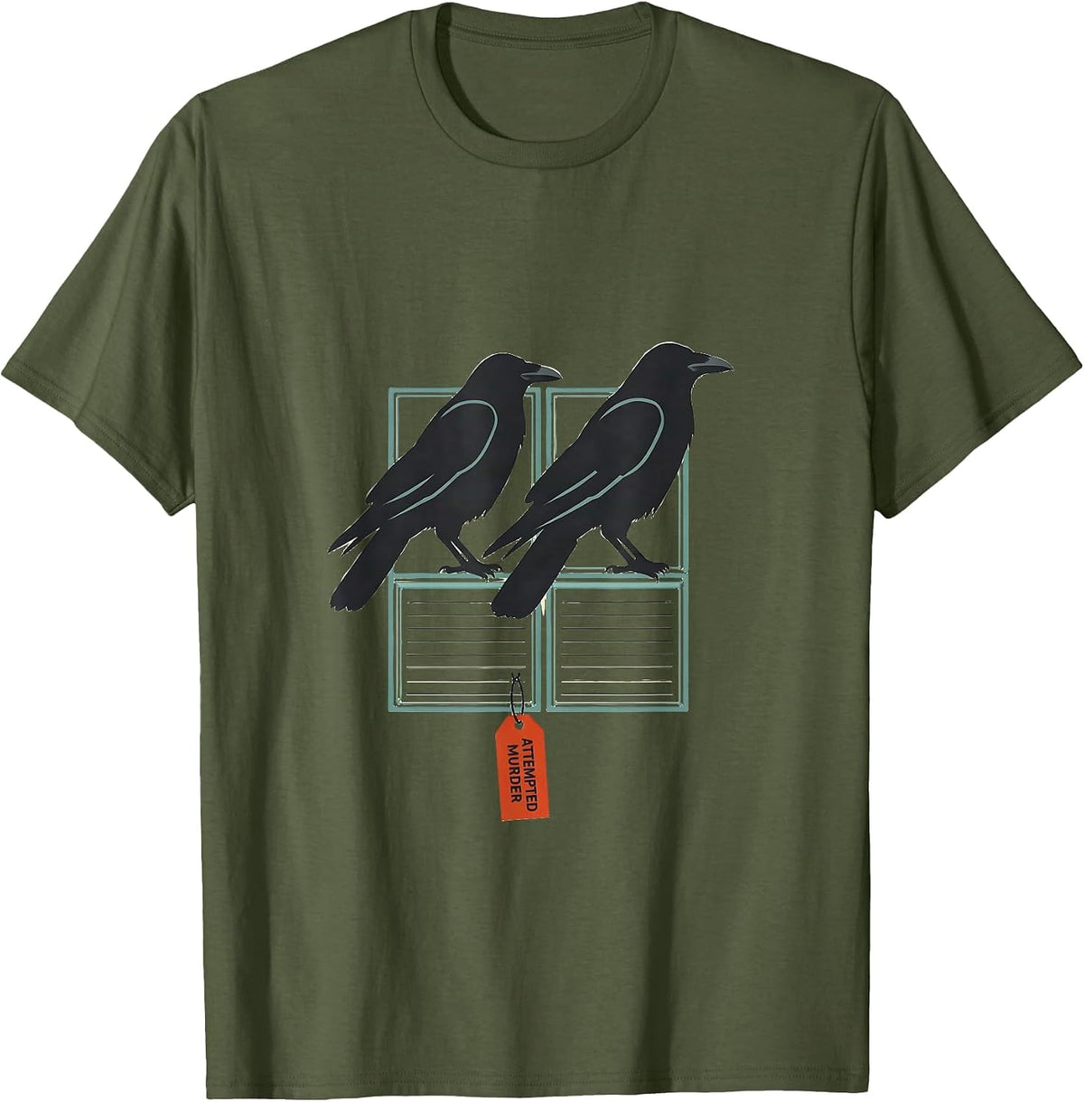 Attempted Murder Editorial Conceptual Crow Pun Humor T-Shirt - Olive Green