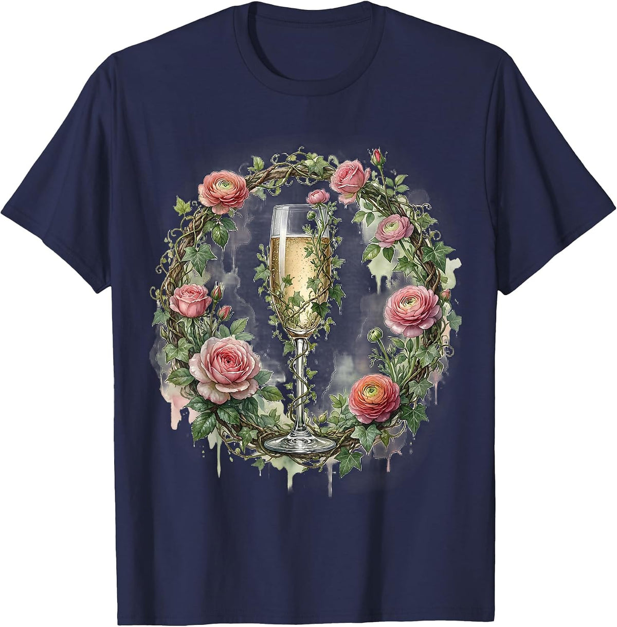 Floral Derby Champagne Flute Climbing Vines T-Shirt - Navy Blue