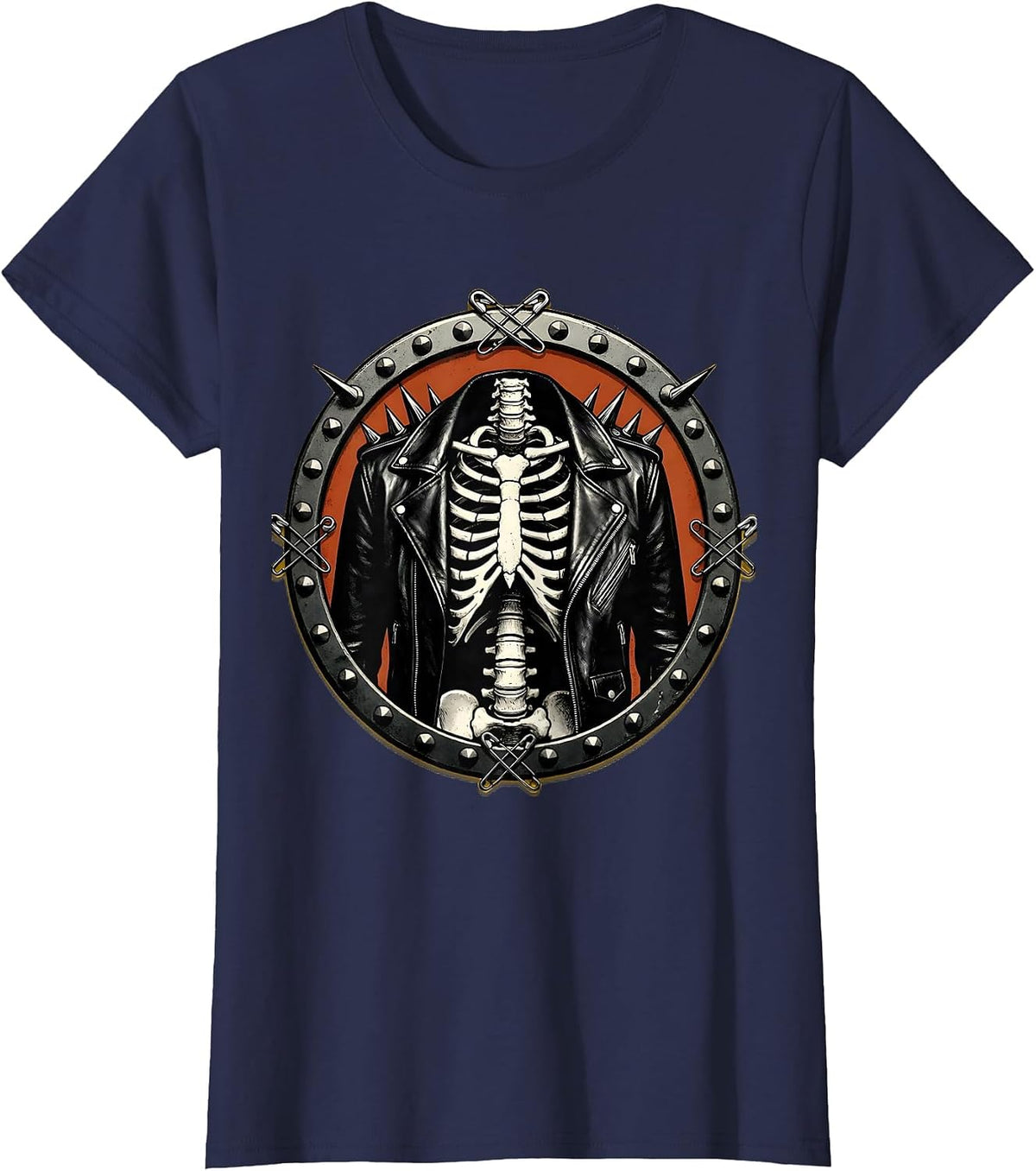 Women's Punk Skeleton Spiked Leather Jacket Graphic T-Shirt - Navy Blue