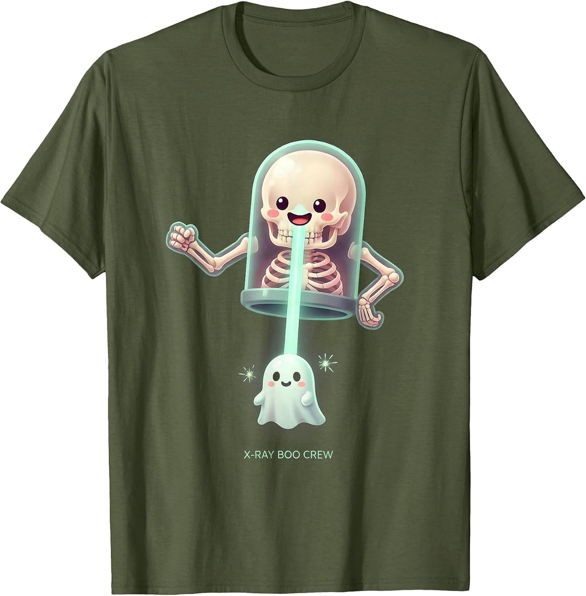Men's X-Ray Boo Crew Cute Kawaii Halloween Radiology Tech Ghost T-Shirt - Olive Green
