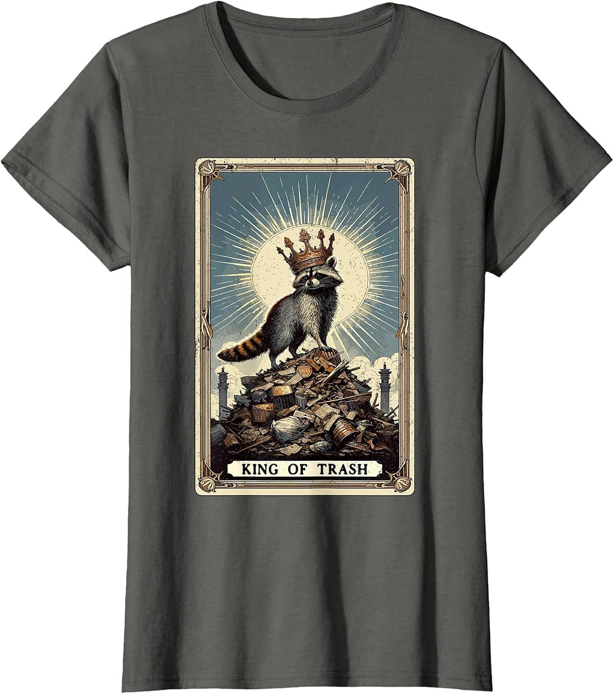 King of Trash Racoon Tarot Card Raccoon T-Shirt - Asphalt Grey