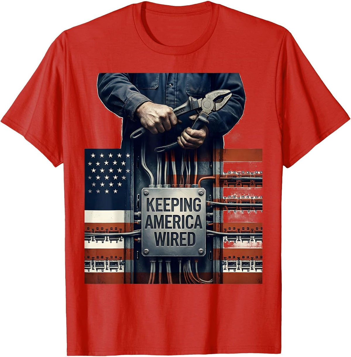 Men's Keeping America Wired Distressed Electrician American Flag T-Shirt - Red