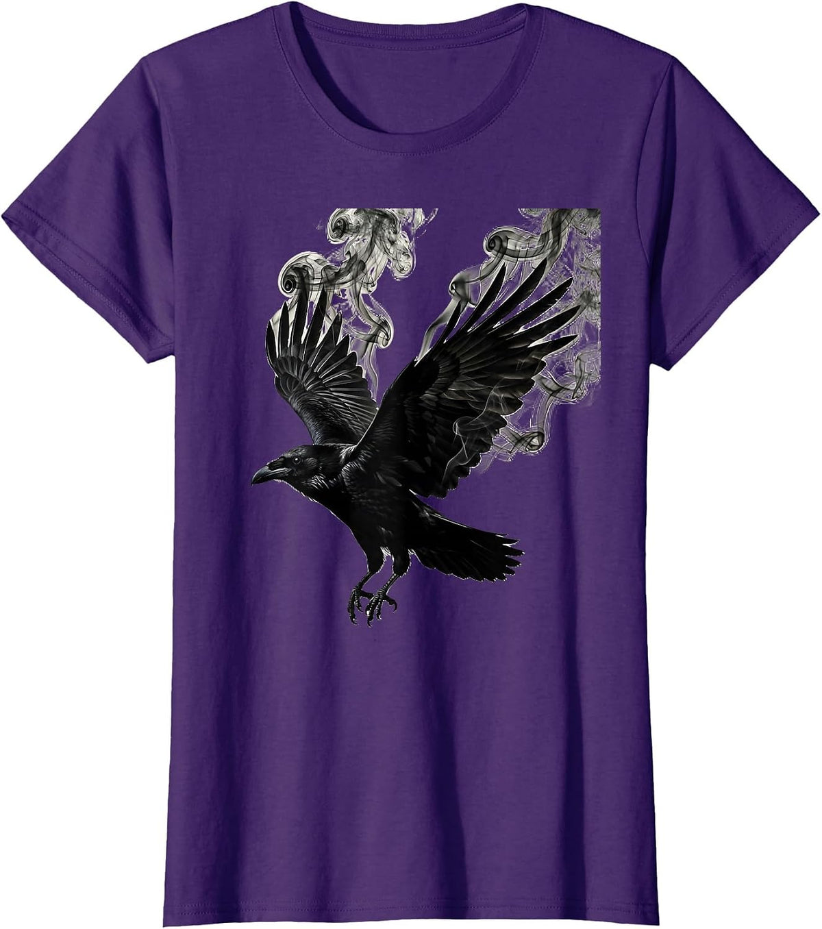 Women's Raven With Smoke Curling From Wings Art T-Shirt - Purple